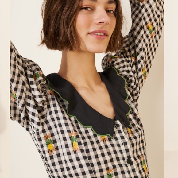 Farm Rio x Anthropologie Cottage Gingham Peter Pan Top Embroidered Pineapples - Picture 3 of 8